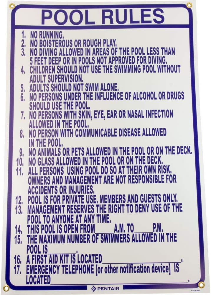 Pentair | R234100 | North Carolina Pool Rules Sign – 24" x 36" Durable Safety Sign for Pools
